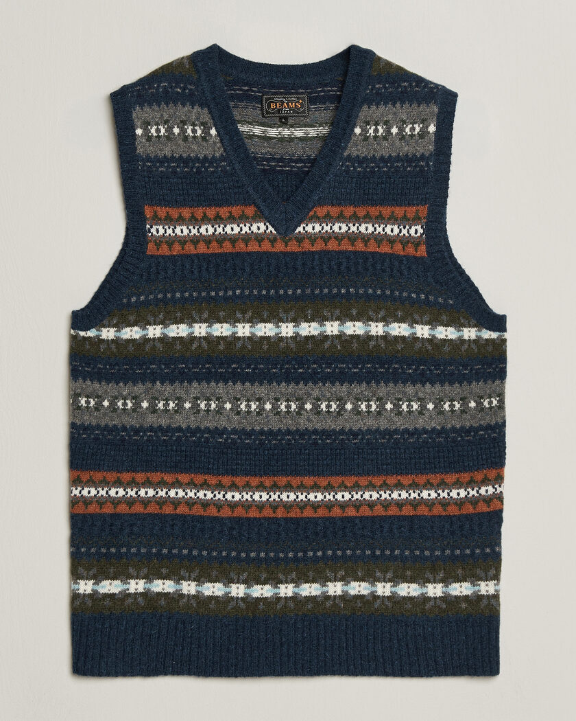 BEAMS PLUS Fair Isle Knit Vest Navy – Blu