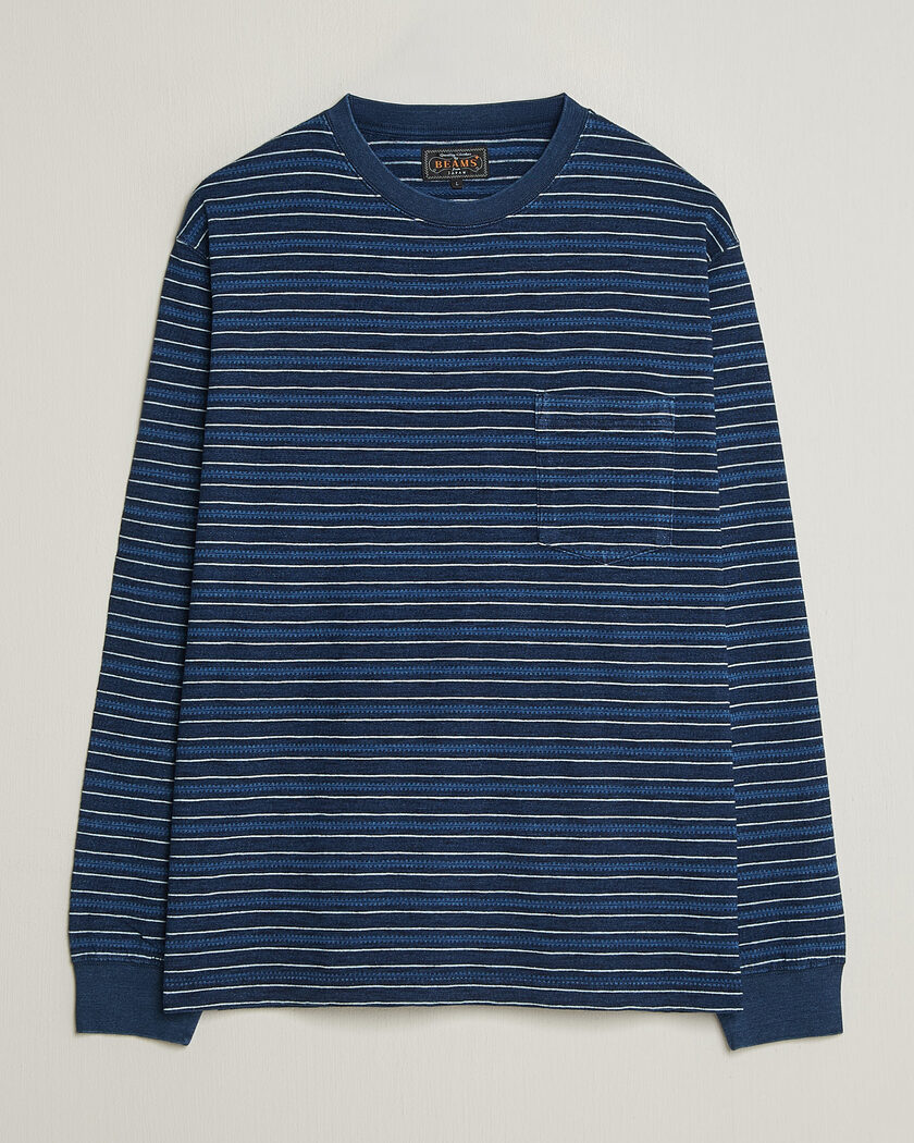 BEAMS PLUS Indigo Stripe LS T-Shirt Navy – Blu