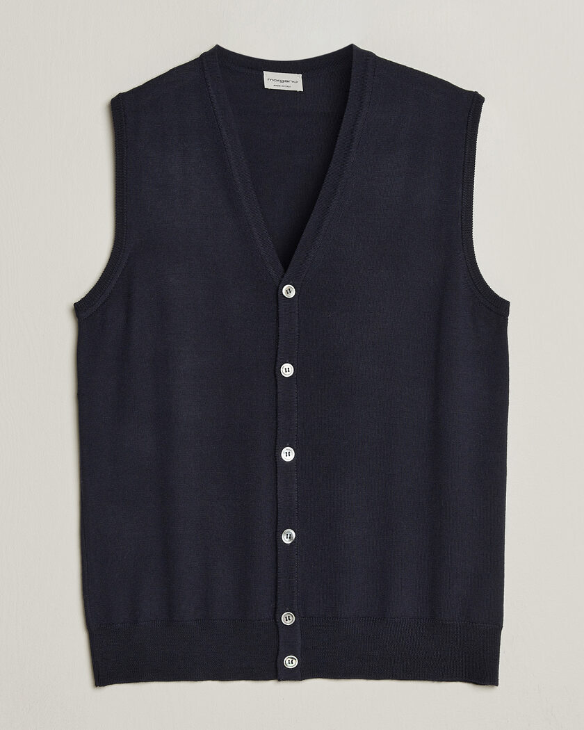 Morgano Extra Fine Merino Wool Sleevles Cardigan Vest Navy – Blu