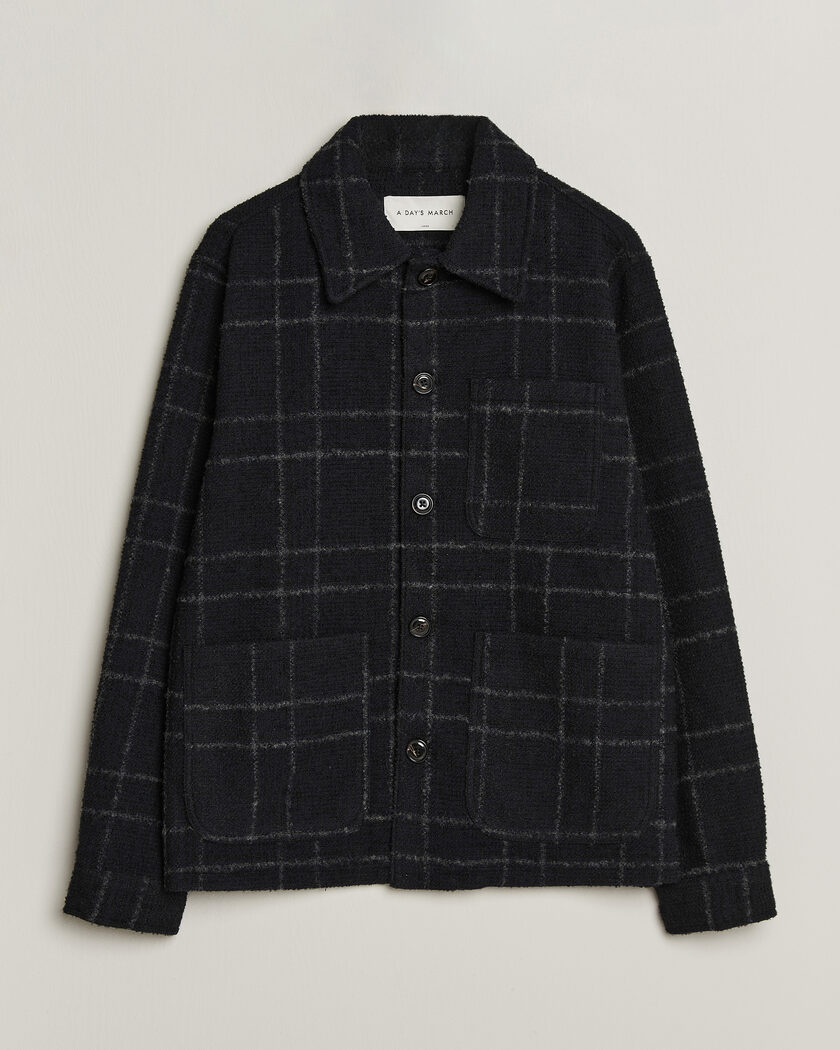A Day's March Algot Wool Checked Overshirt Navy – Blu