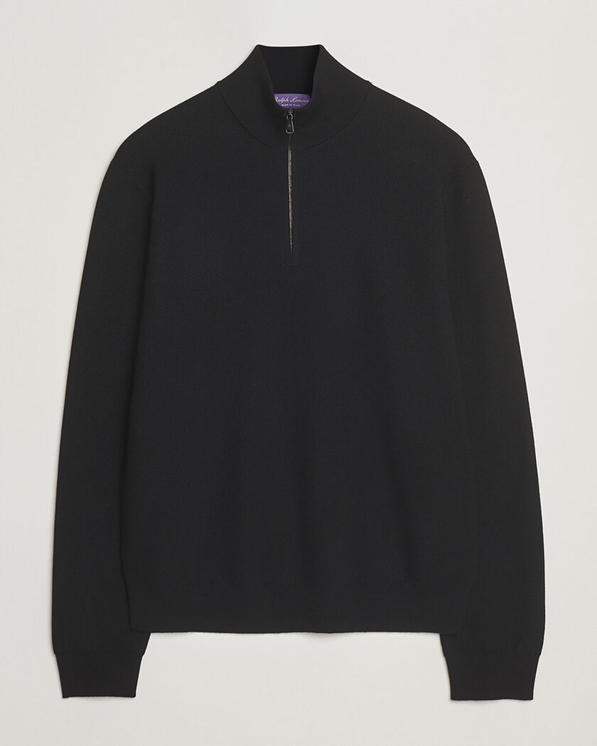 Pre-owned Ralph Lauren Purple Label Wool Pique Half Zip Polo Black L – Nero