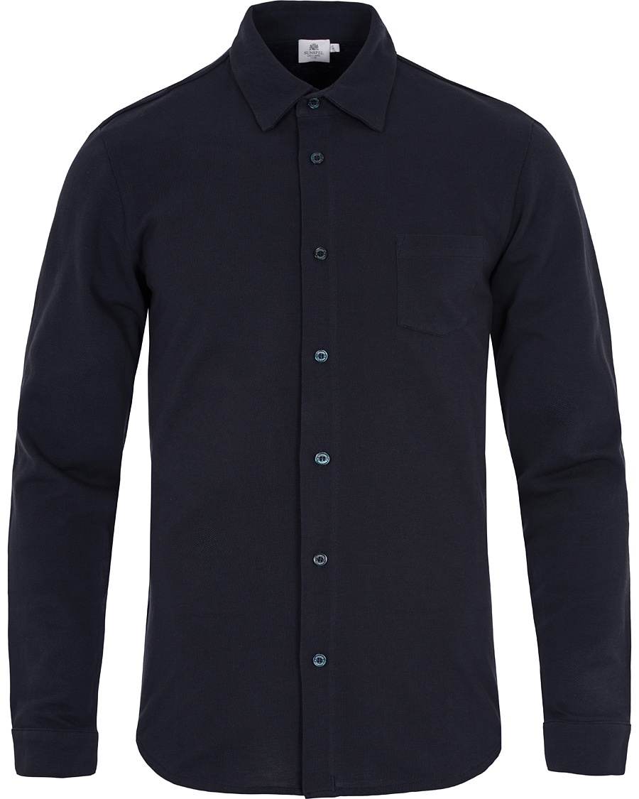 Uomini | Camicie | Sunspel | Long Sleeve Pique Shirt Navy