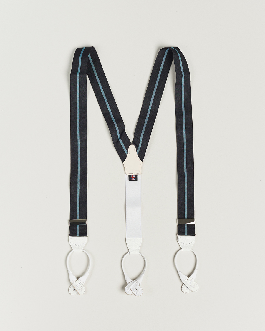 Uomini | Albert Thurston Thin Stripe Braces 40mm Black/Sky | Albert Thurston | Thin Stripe Braces 40mm Black/Sky