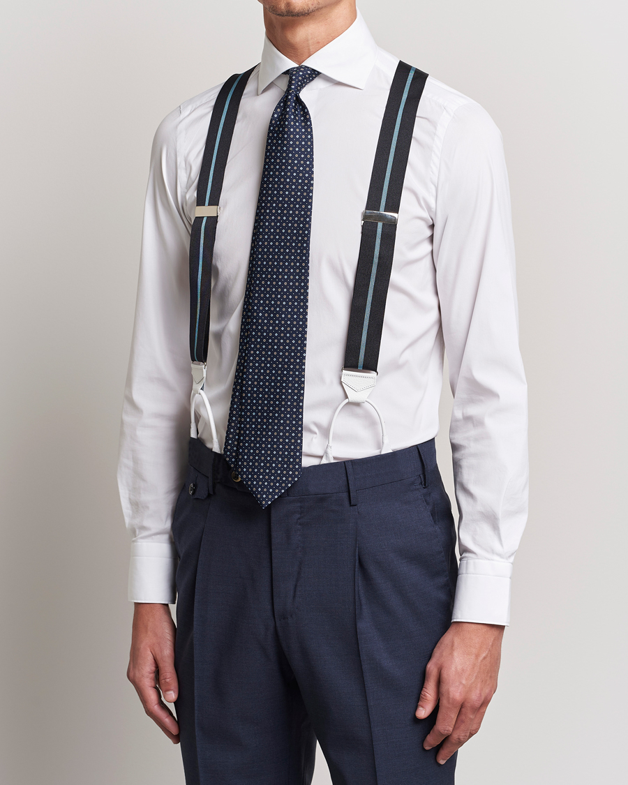 Uomini | Albert Thurston Thin Stripe Braces 40mm Black/Sky | Albert Thurston | Thin Stripe Braces 40mm Black/Sky