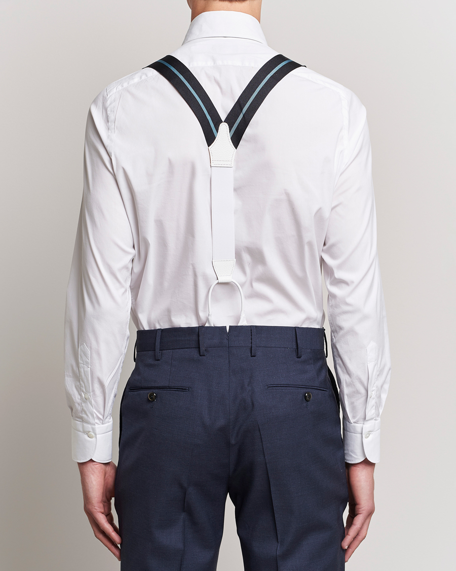 Uomini | Albert Thurston Thin Stripe Braces 40mm Black/Sky | Albert Thurston | Thin Stripe Braces 40mm Black/Sky