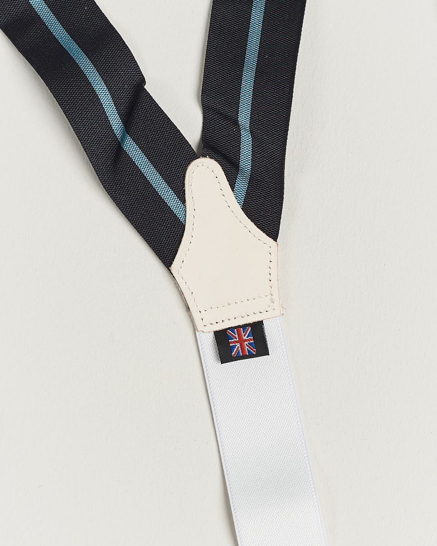 Uomini | Albert Thurston Thin Stripe Braces 40mm Black/Sky | Albert Thurston | Thin Stripe Braces 40mm Black/Sky
