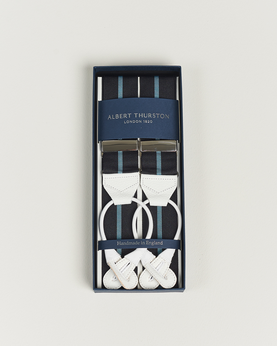 Uomini | Albert Thurston Thin Stripe Braces 40mm Black/Sky | Albert Thurston | Thin Stripe Braces 40mm Black/Sky