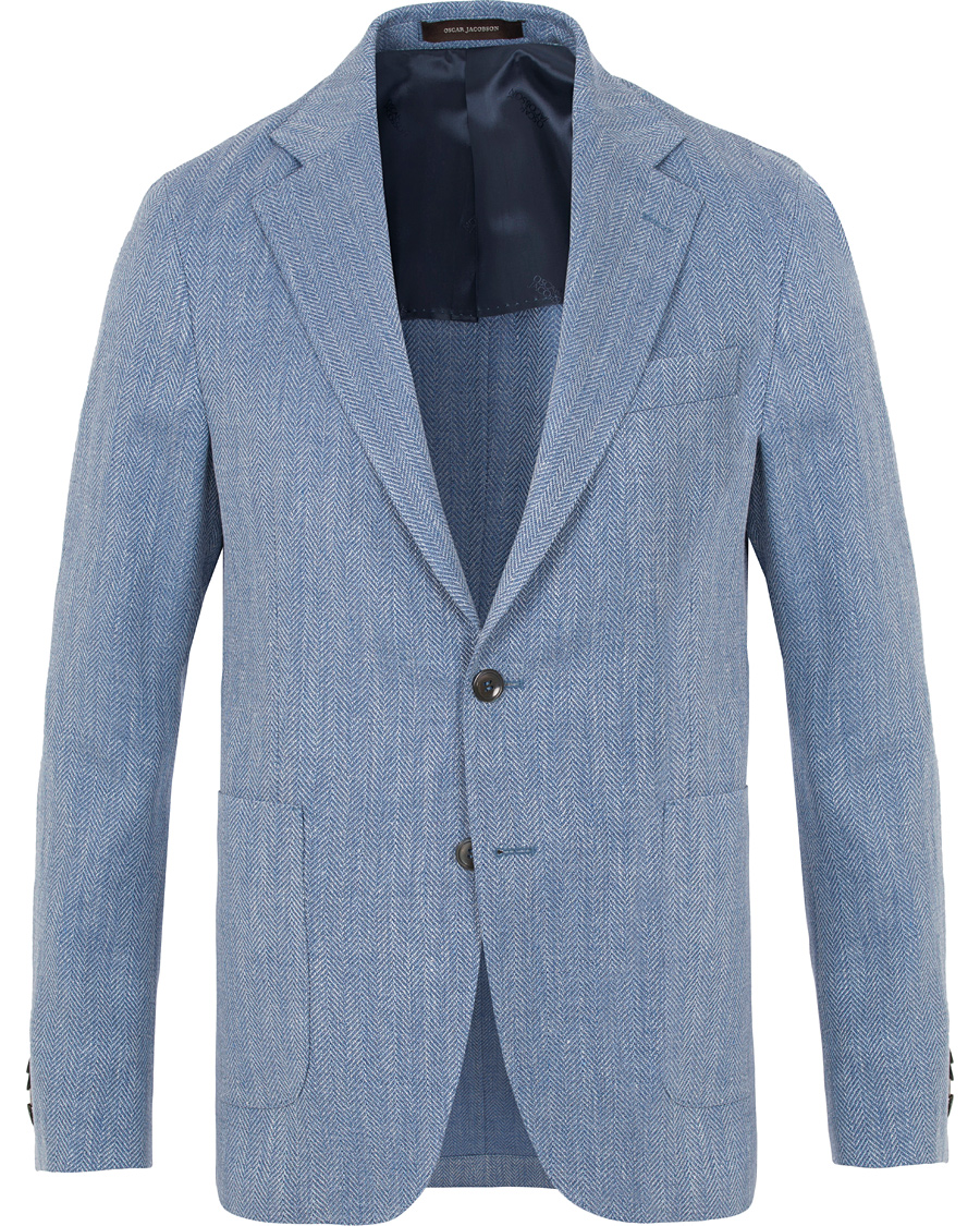 Uomini | Blazers | Oscar Jacobson | Epic Linen/Wool Herringbone Blazer Light Blue