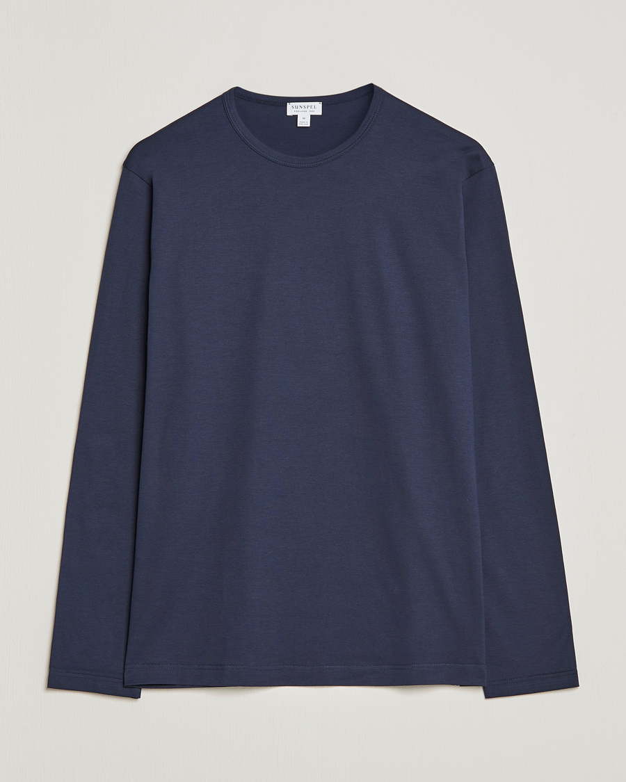 Uomini | T-shirt | Sunspel | Long Sleeve Crew Neck Cotton Tee Navy