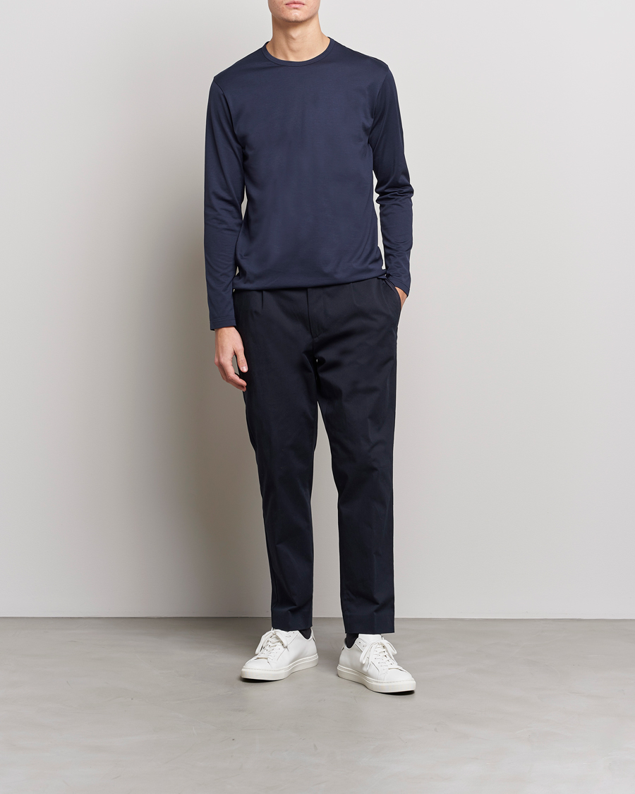 Uomini | T-shirt | Sunspel | Long Sleeve Crew Neck Cotton Tee Navy