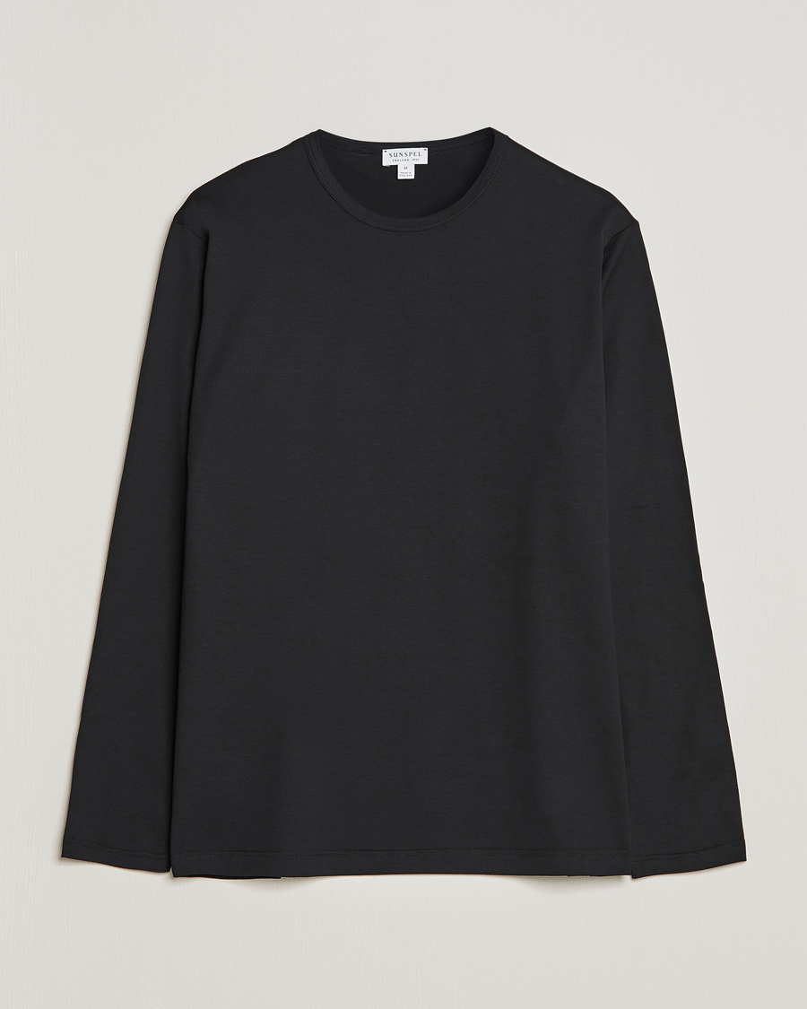 Uomini | T-shirt | Sunspel | Long Sleeve Crew Neck Cotton Tee Black