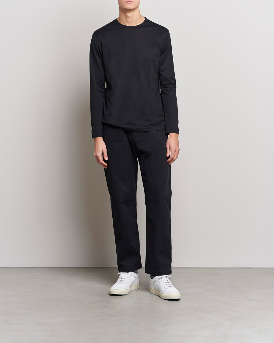 Uomini | T-shirt | Sunspel | Long Sleeve Crew Neck Cotton Tee Black