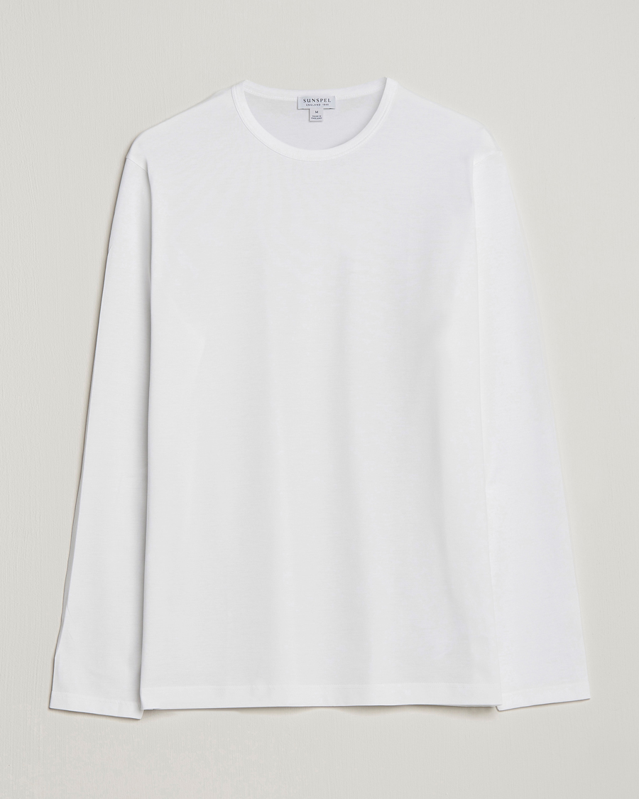 Uomini | T-shirt | Sunspel | Long Sleeve Crew Neck Cotton Tee White