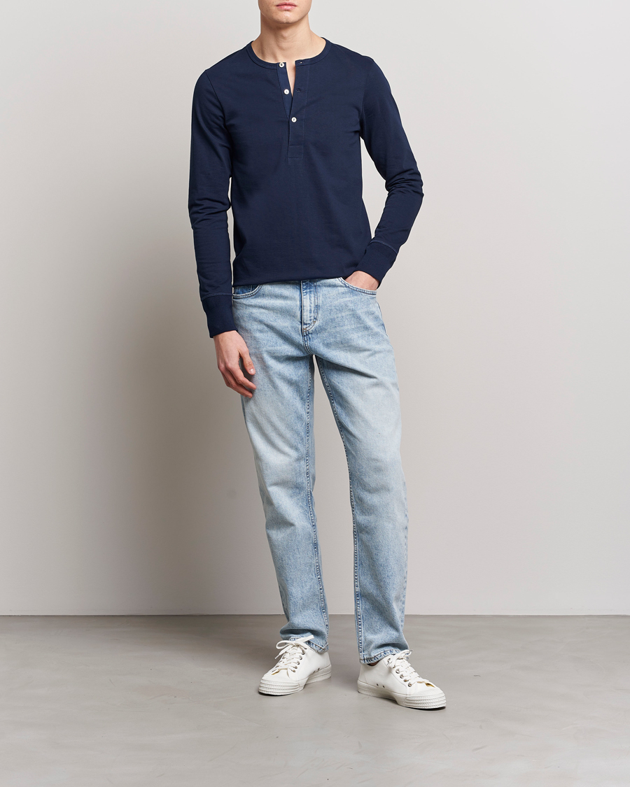 Uomini | Maglieria | Merz b. Schwanen | Classic Organic Cotton Henley Sweater Ink Blue