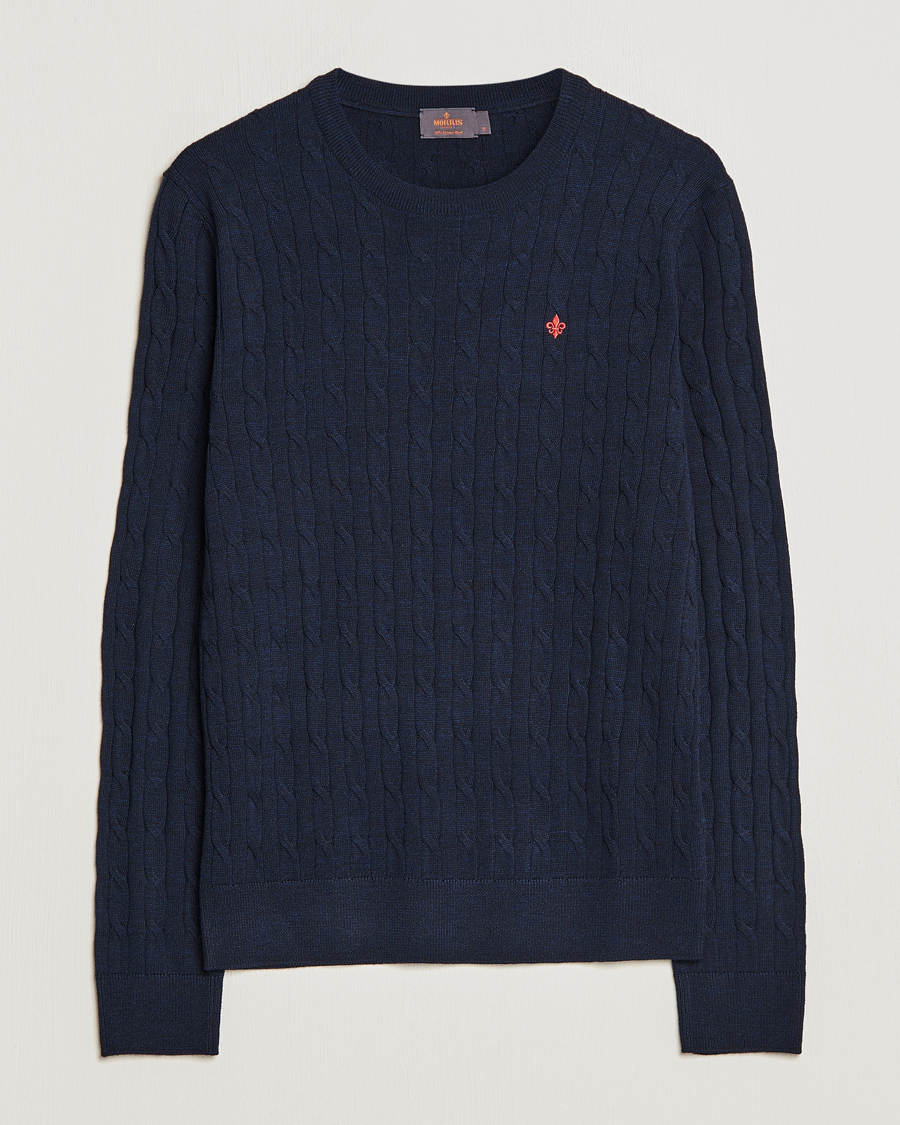 Uomini | Maglieria | Morris | Merino Cable O-Neck Navy