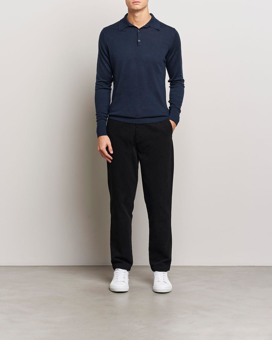 Uomini | Maglieria | Sunspel | Long Sleeve Polo Navy