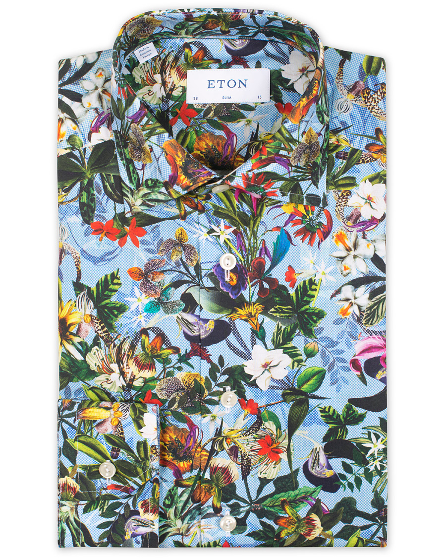Uomini | Camicie | Eton | Slim Fit Twill Printed Flower Shirt Blue Green