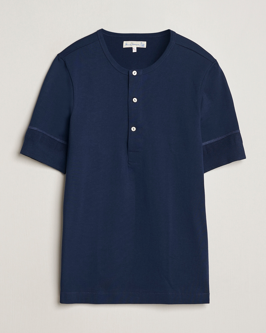 Uomini | Maglieria | Merz b. Schwanen | Short Sleeve Organic Cotton Henley Ink Blue
