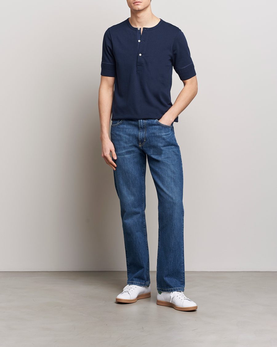 Uomini | Maglieria | Merz b. Schwanen | Short Sleeve Organic Cotton Henley Ink Blue