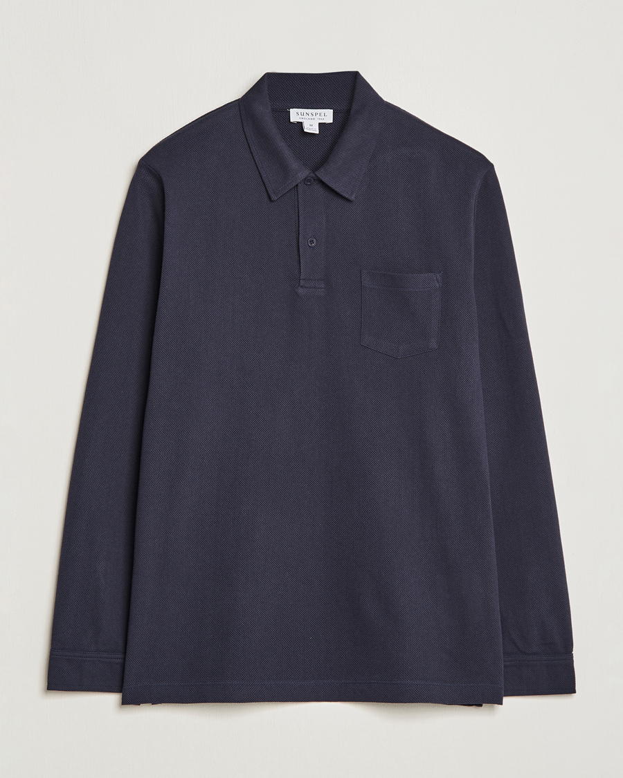 Uomini | Polo | Sunspel | Long Sleeve Riviera Polo Shirt Navy