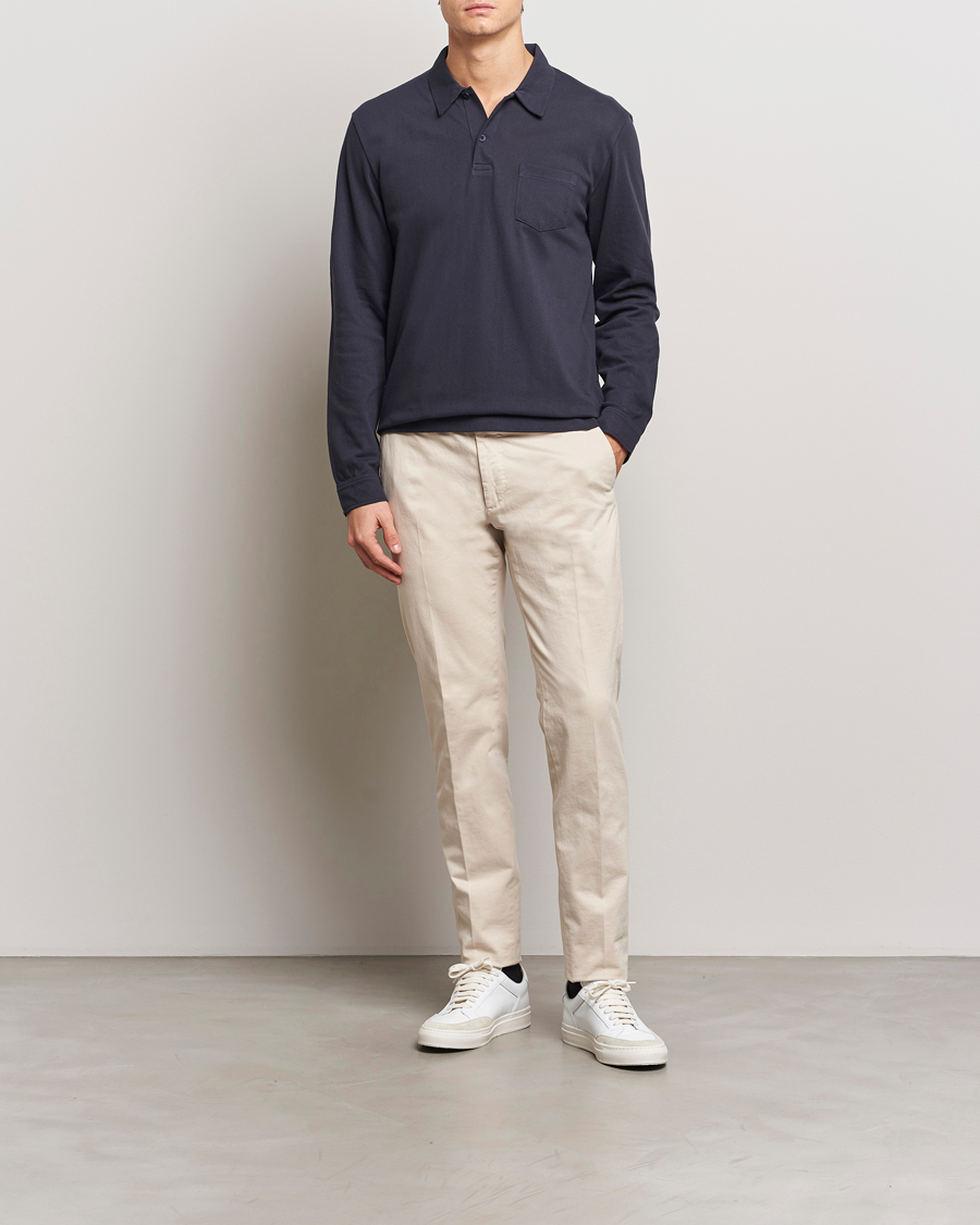 Uomini | Polo | Sunspel | Long Sleeve Riviera Polo Shirt Navy
