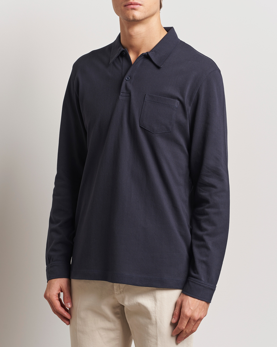 Uomini | Polo | Sunspel | Long Sleeve Riviera Polo Shirt Navy