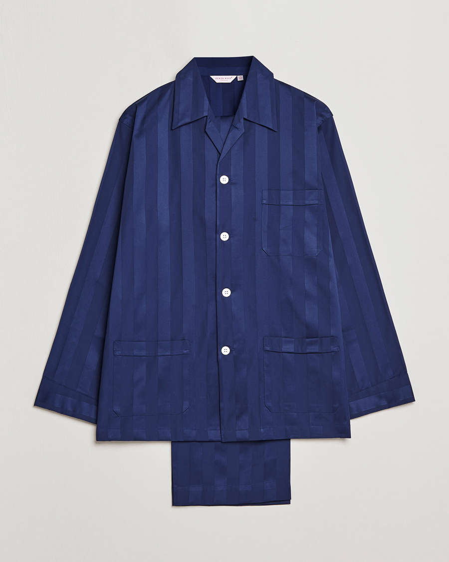 Uomini | Accappatoi & Pigiami | Derek Rose | Striped Cotton Satin Pyjama Set Navy