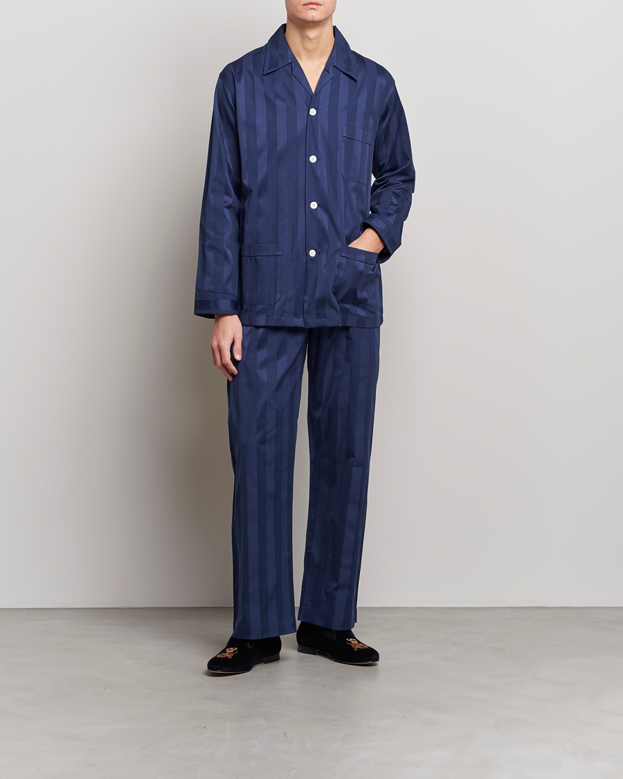 Uomini | Accappatoi & Pigiami | Derek Rose | Striped Cotton Satin Pyjama Set Navy