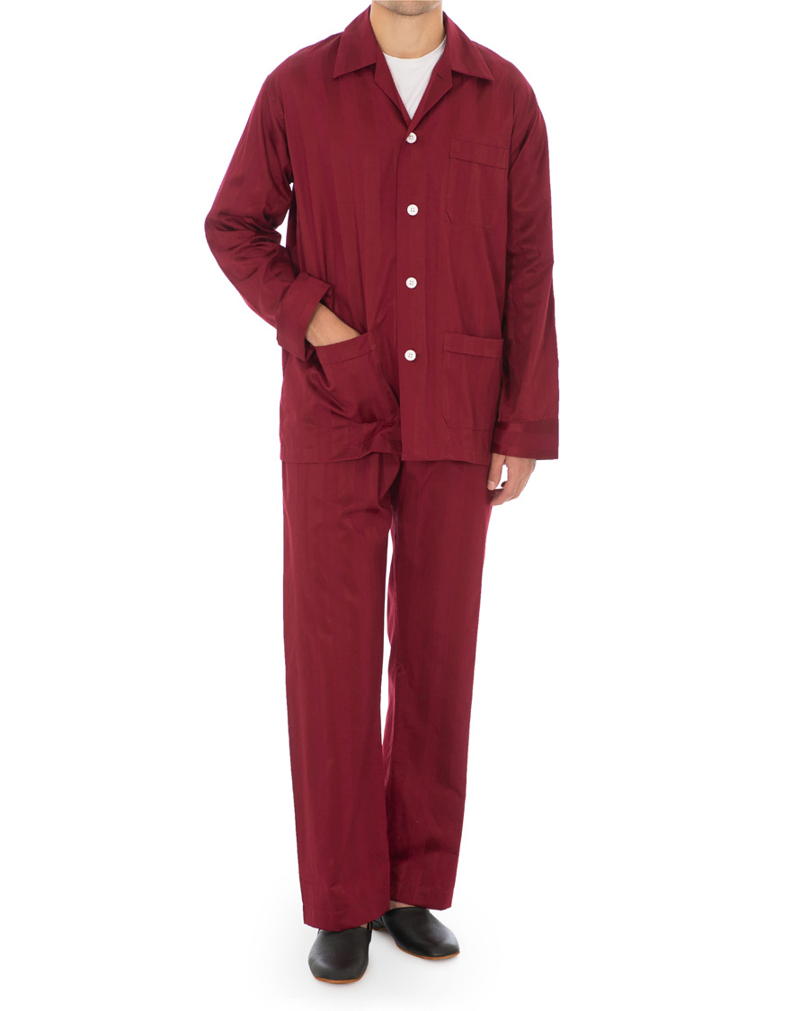Uomini | Accappatoi & Pigiami | Derek Rose | Cotton Satin Striped Pyjama Set Wine Red