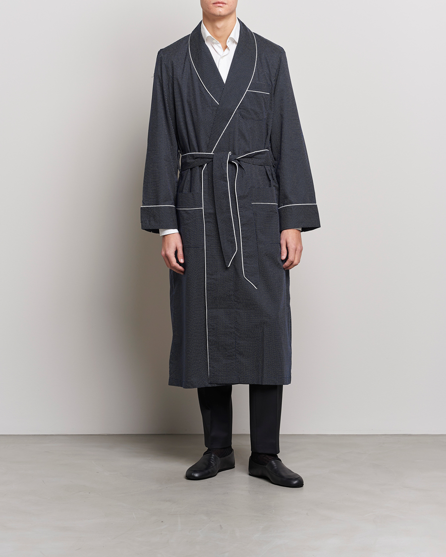 Uomini | Accappatoi & Pigiami | Derek Rose | Polka Dot Cotton Satin Dressing Gown Navy