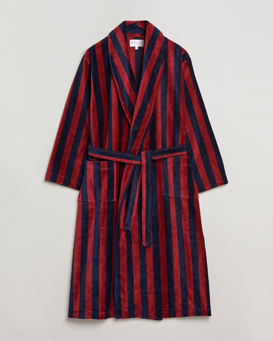 Uomini | Accappatoi & Pigiami | Derek Rose | Cotton Velour Striped Gown Red/Blue
