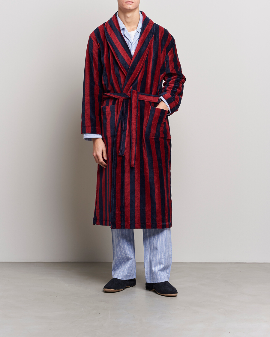 Uomini | Accappatoi & Pigiami | Derek Rose | Cotton Velour Striped Gown Red/Blue