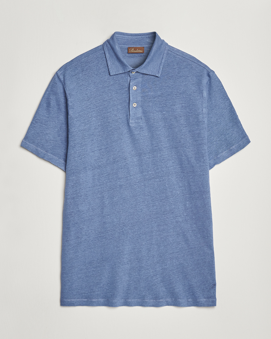 Uomini | Polo | Stenströms | Linen Polo Shirt Mid Blue