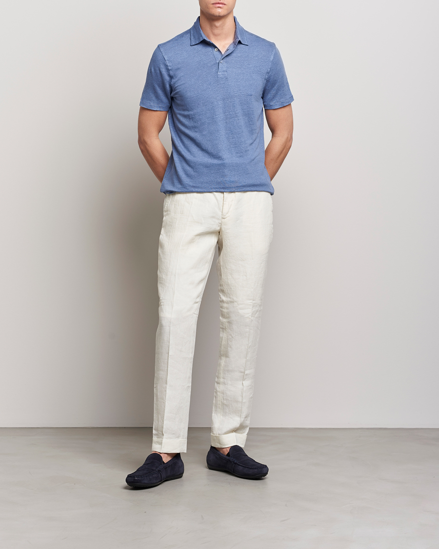 Uomini | Polo | Stenströms | Linen Polo Shirt Mid Blue