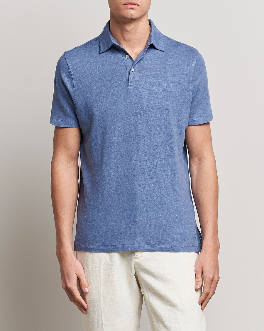 Uomini | Polo | Stenströms | Linen Polo Shirt Mid Blue