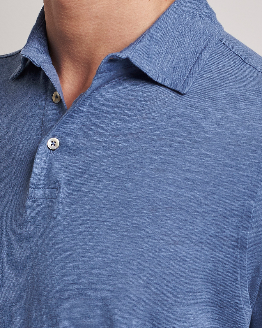 Uomini | Polo | Stenströms | Linen Polo Shirt Mid Blue