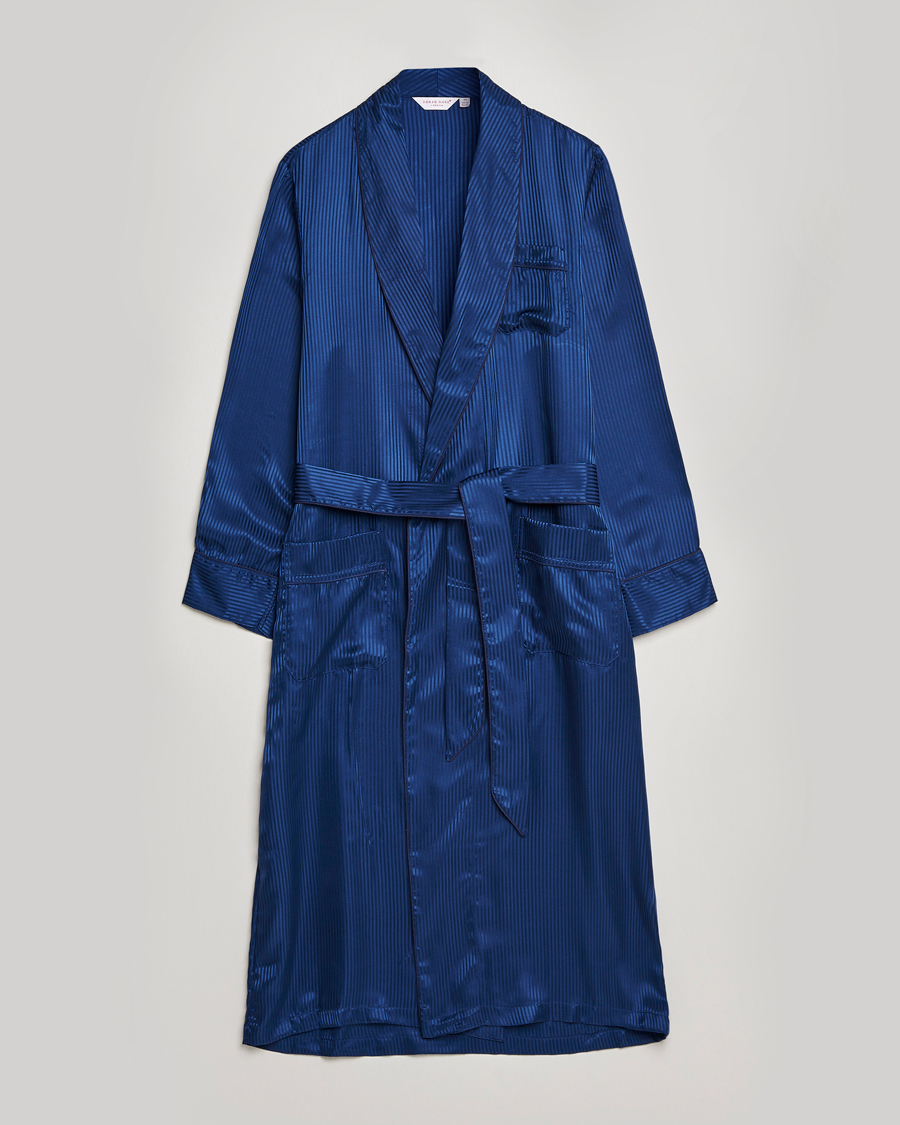 Uomini | Derek Rose Pure Silk Striped Dressing Gown Navy | Derek Rose | Pure Silk Striped Dressing Gown Navy