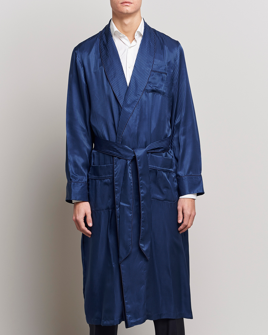 Uomini | Derek Rose Pure Silk Striped Dressing Gown Navy | Derek Rose | Pure Silk Striped Dressing Gown Navy