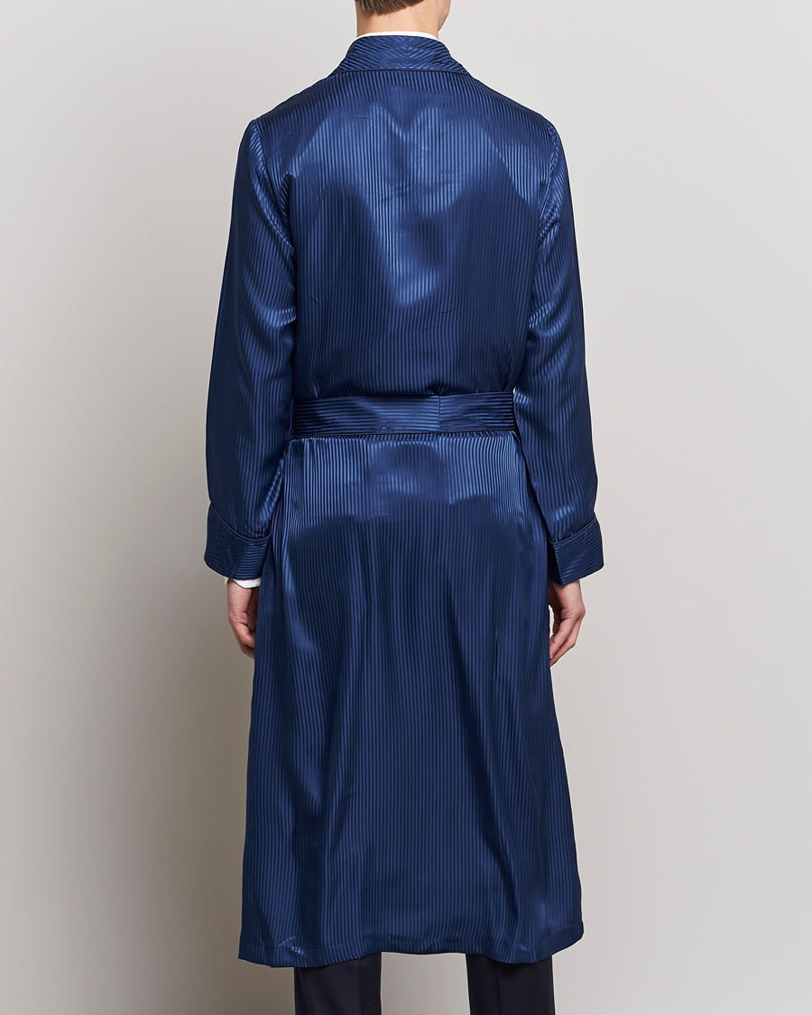 Uomini | Derek Rose Pure Silk Striped Dressing Gown Navy | Derek Rose | Pure Silk Striped Dressing Gown Navy