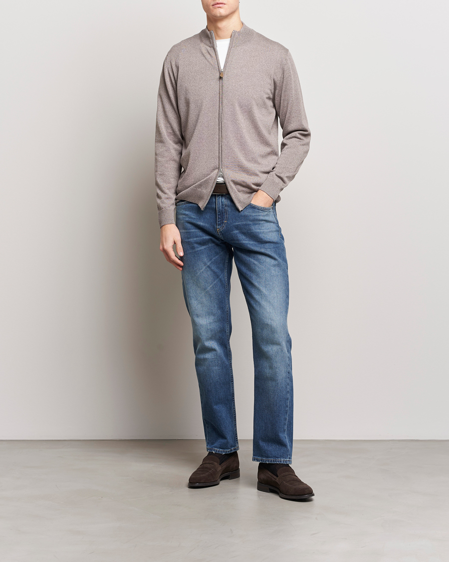 Uomini | Maglieria | Stenströms | Merino Wool Full Zip Mud Brown