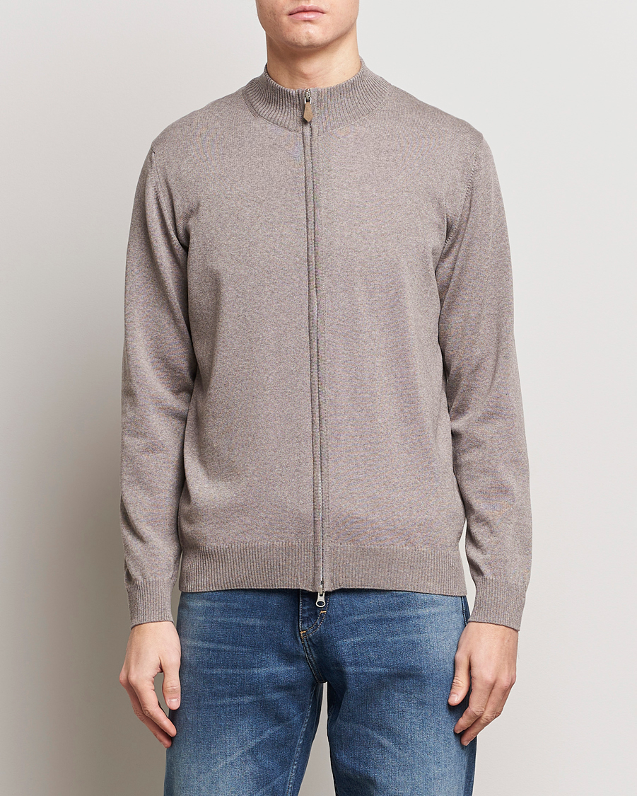 Uomini | Maglieria | Stenströms | Merino Wool Full Zip Mud Brown