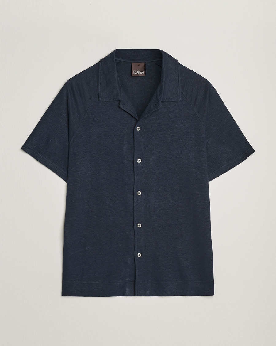 Uomini | Polo | Oscar Jacobson | Albin Short Sleeve Linen Polo Navy