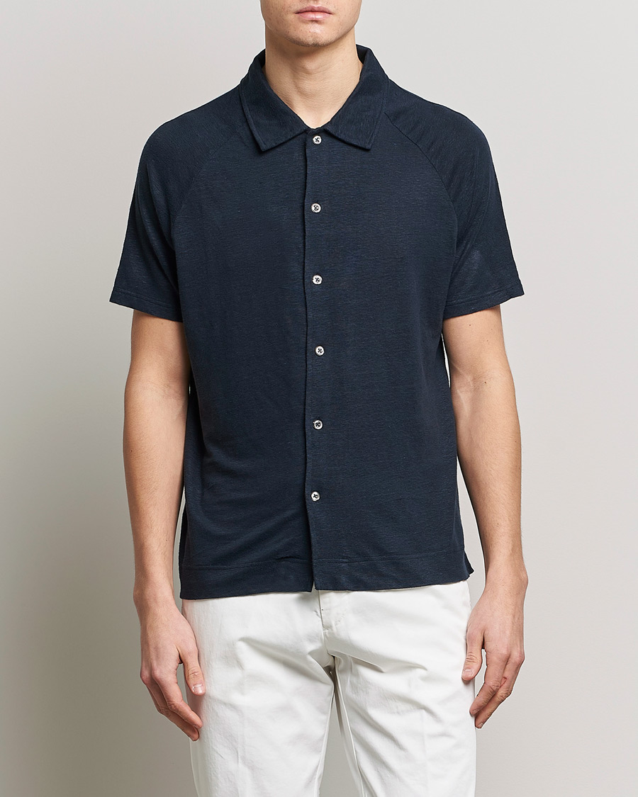 Uomini | Polo | Oscar Jacobson | Albin Short Sleeve Linen Polo Navy
