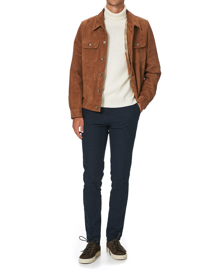 Uomini | Pantaloni | Incotex | Slim Fit Cotton/Wool Herringbone Slacks Navy