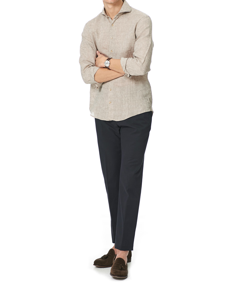 Uomini | Camicie | Stenströms | Slimline Cut Away Linen Shirt Taupe