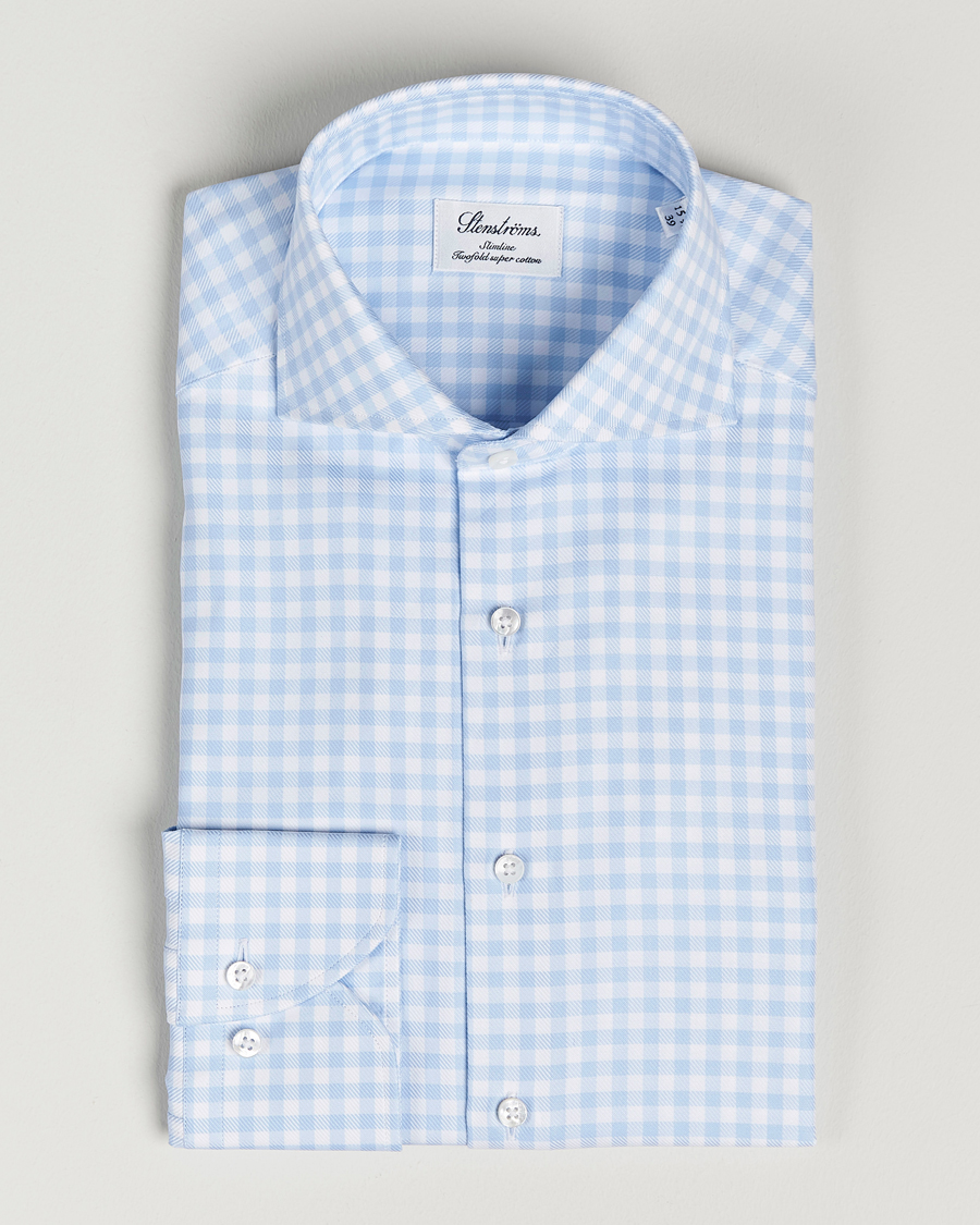 Uomini | Camicie | Stenströms | Slimline Checked Cut Away Shirt Light Blue