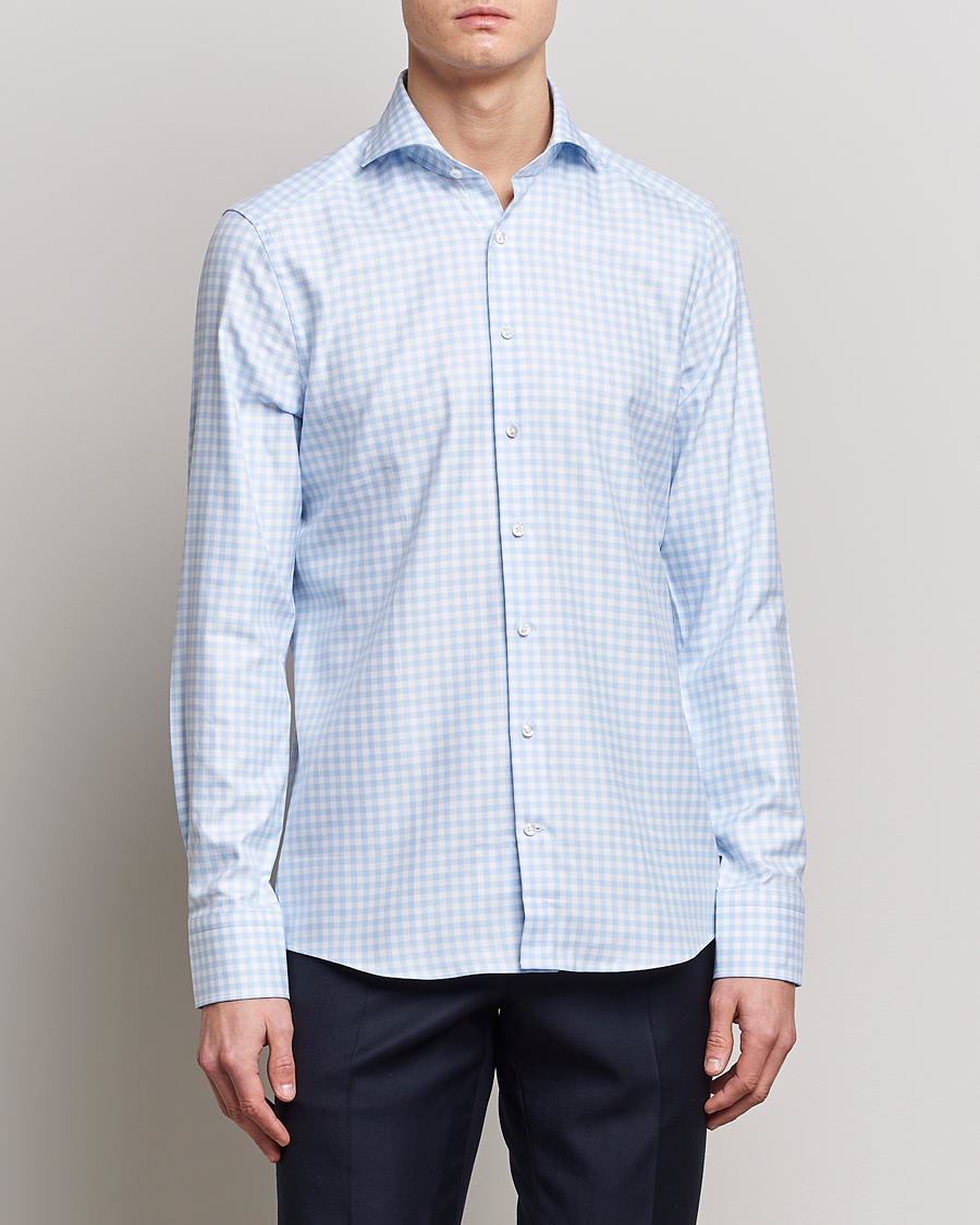 Uomini | Camicie | Stenströms | Slimline Checked Cut Away Shirt Light Blue