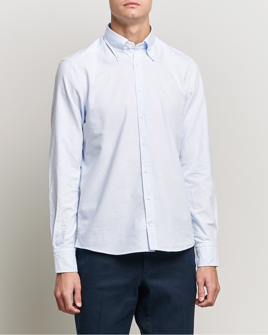 Uomini | Camicie | Stenströms | Slimline Washed Striped Oxford Shirt Light Blue