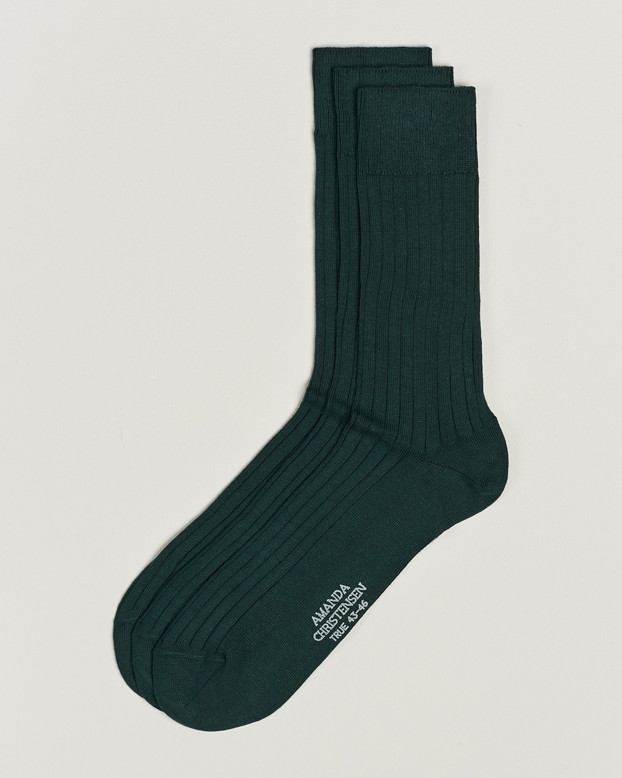 Uomini | Biancheria intima | Amanda Christensen | 3-Pack True Cotton Ribbed Socks Bottle Green