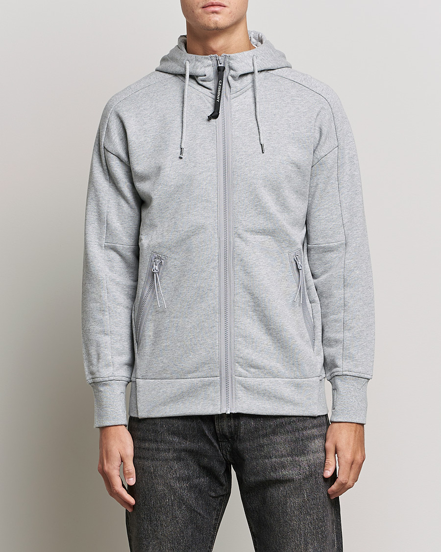 Uomini | Maglieria | C.P. Company | Diagonal Raised Fleece Full Zip Goggle Hoodie Grey